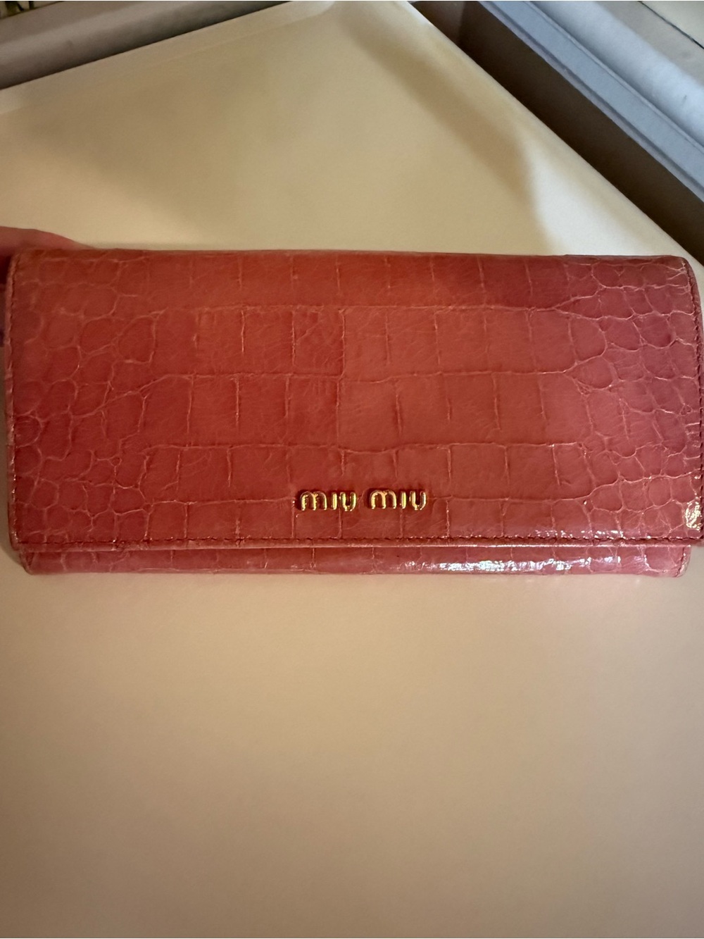 Miu Miu St. Cocco Lux Pink Croc-Embossed Patent Leather Continental Wallet